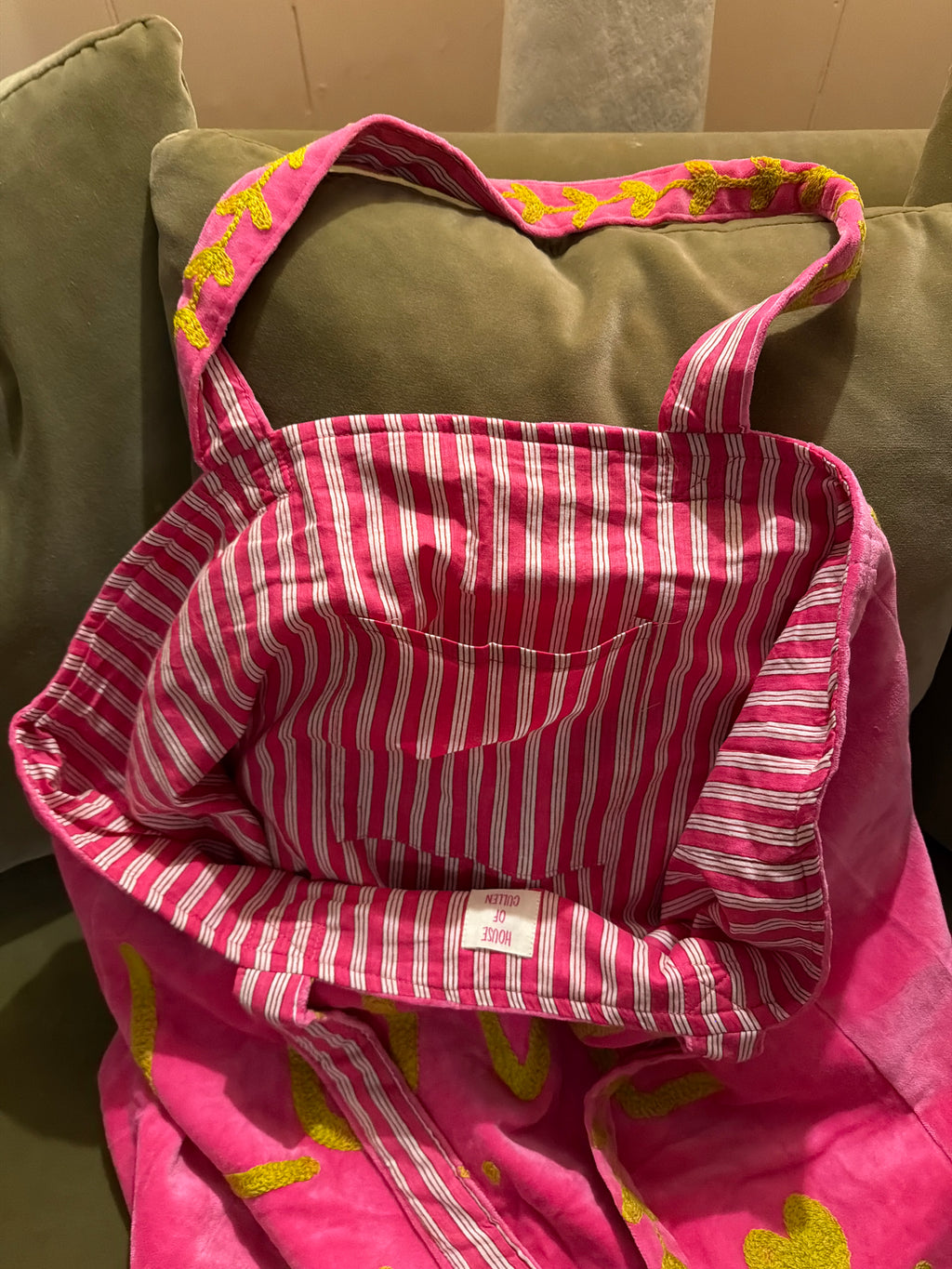 Handmade large velvet embroidered Love bag with cotton lining