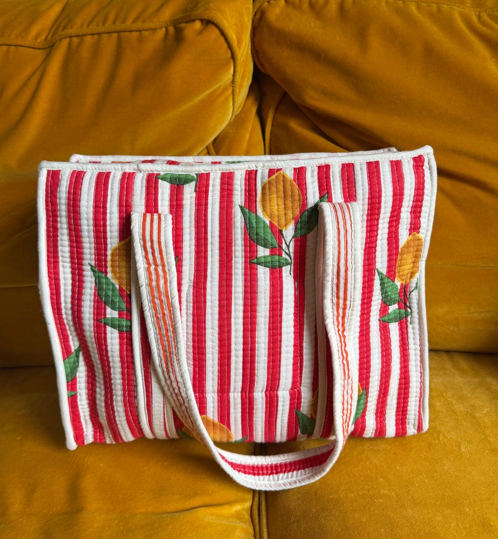 Red & White stripped lemon tote bag