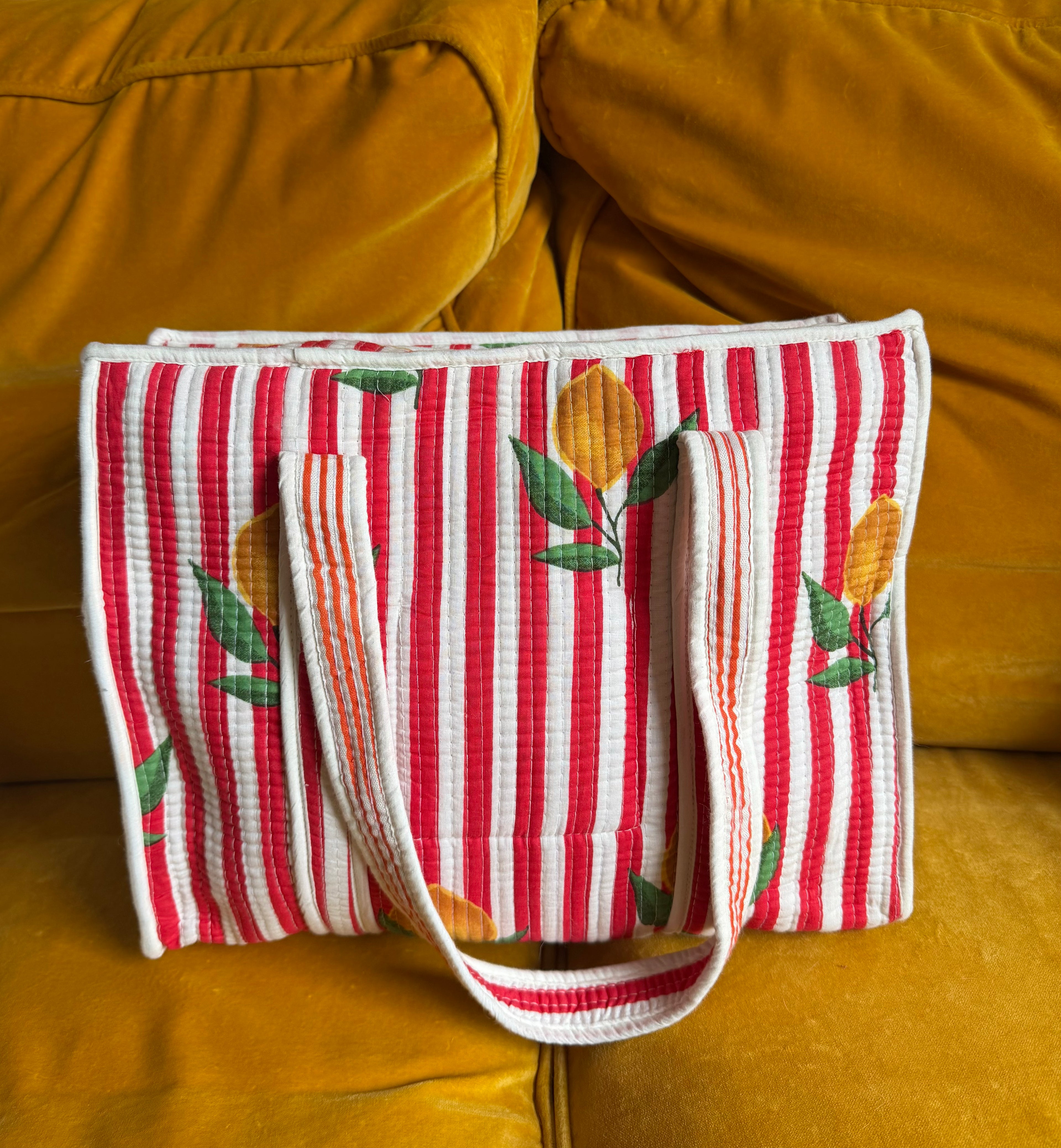 Red & White stripped lemon tote bag