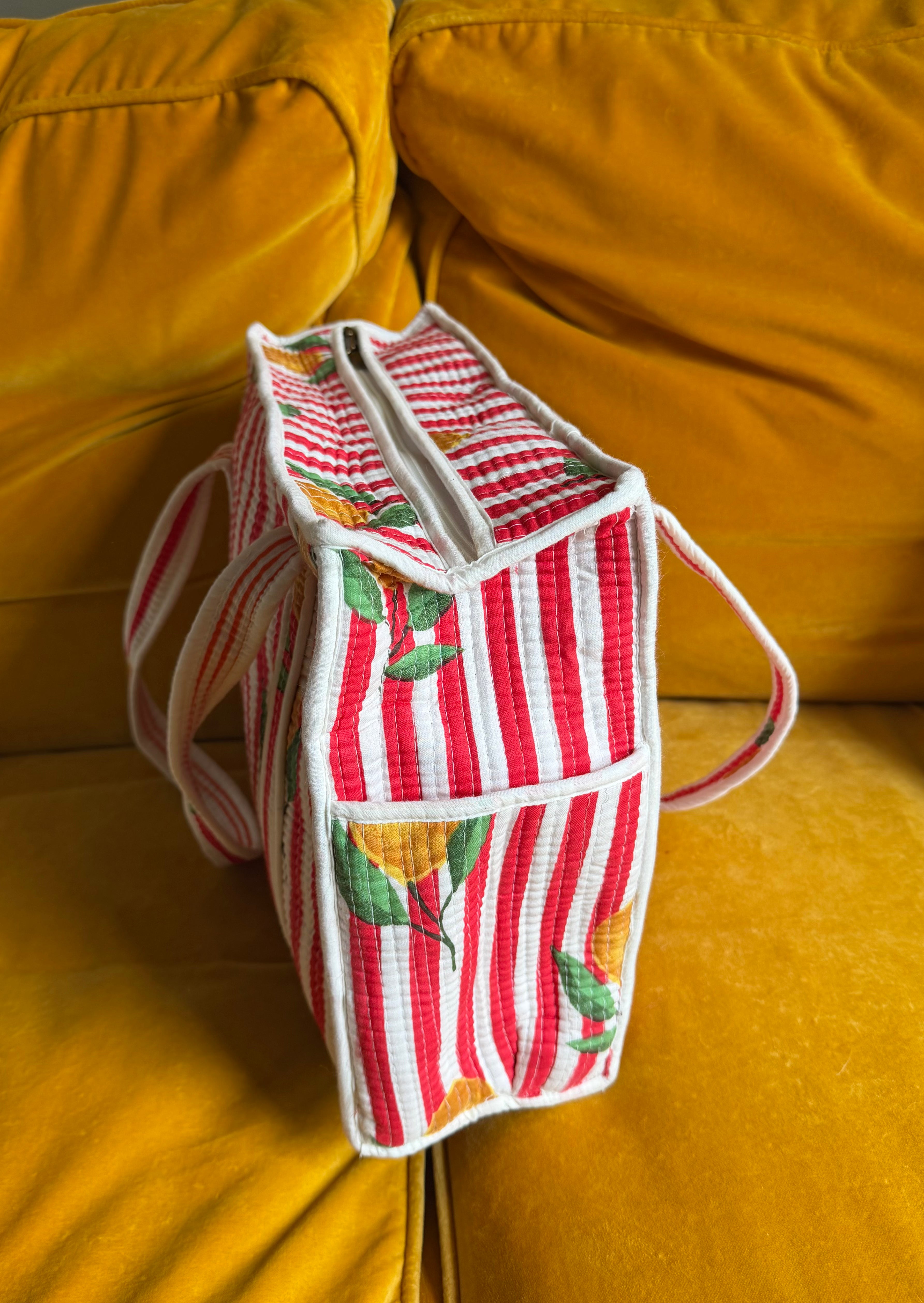 Red & White stripped lemon tote bag