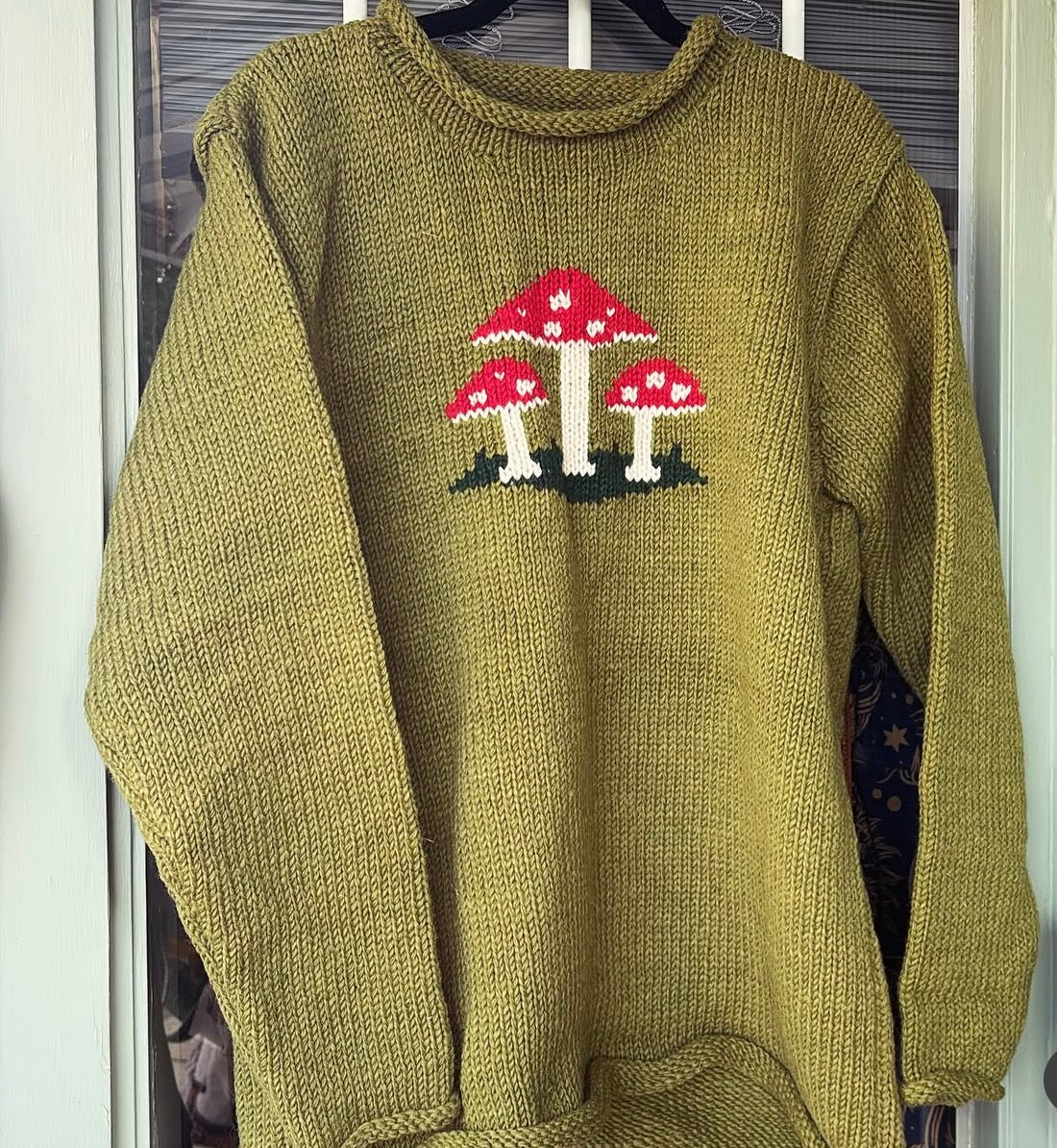 New in. Mushroom wool jumper in green.