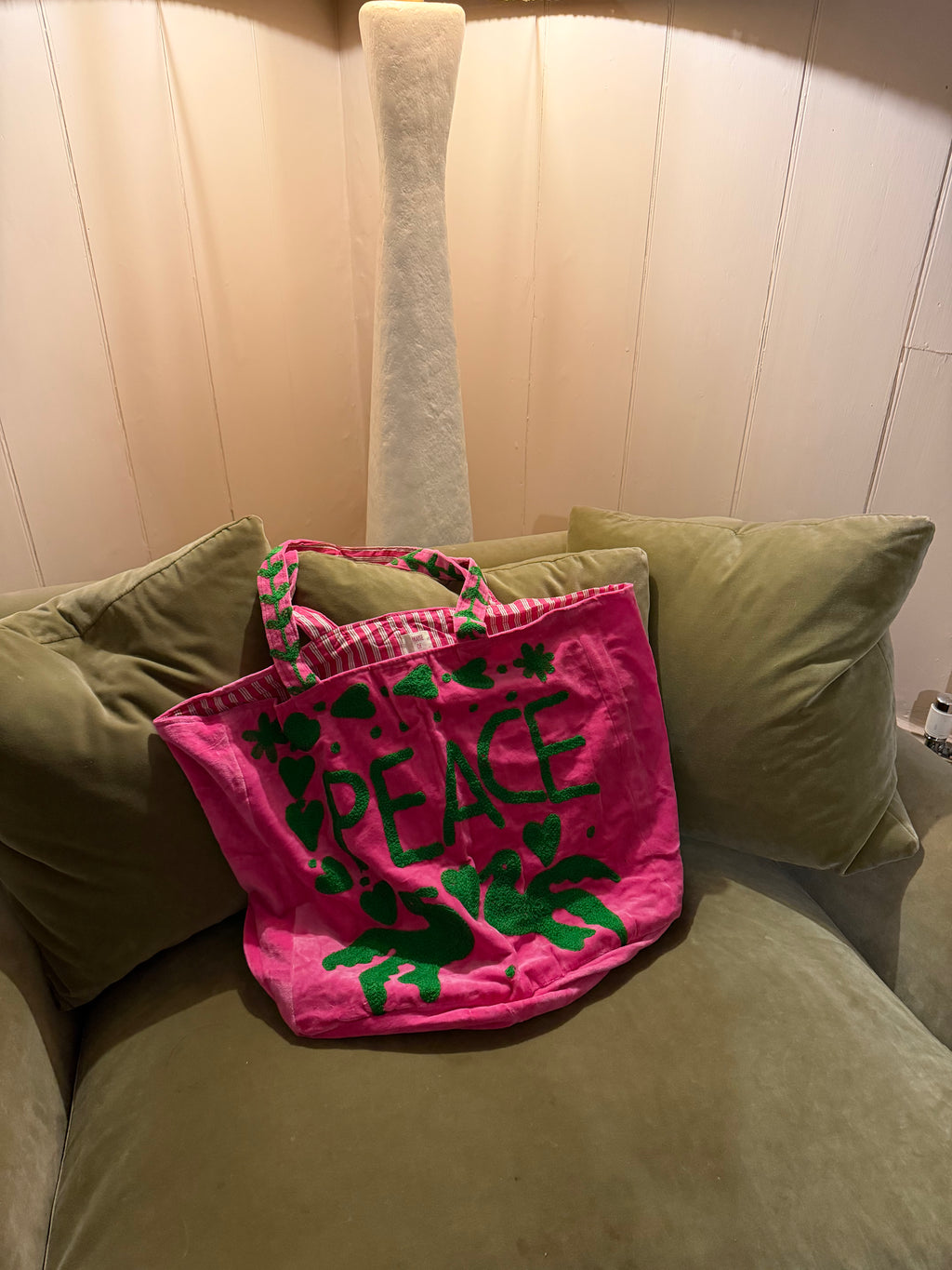Handmade large velvet
embroidered Peace bag with cotton lining