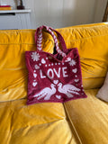 Handmade soft velvet tote bag in burgundy