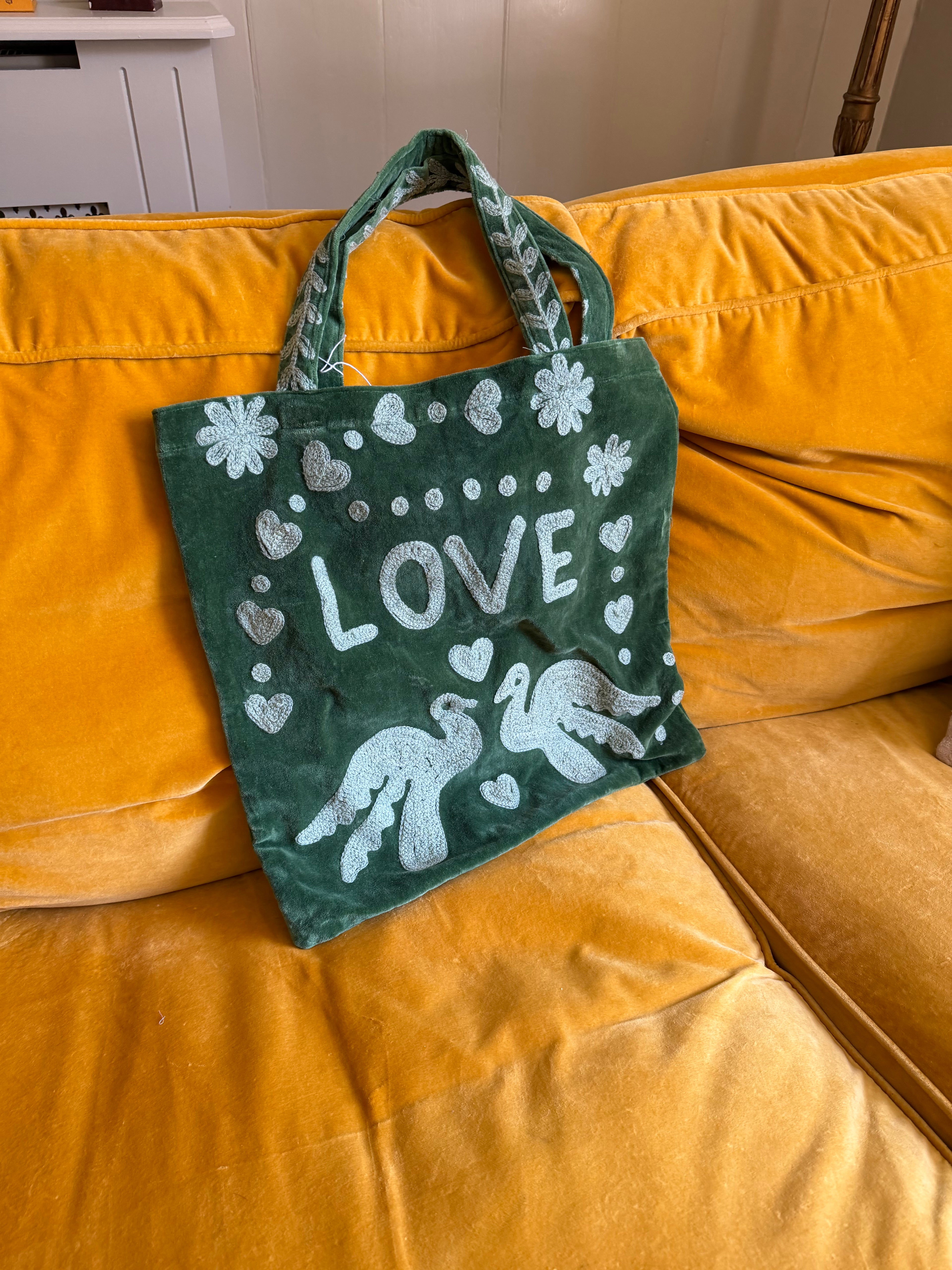 Handmade soft velvet tote bag in emerald green