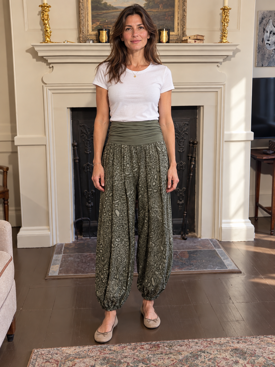 New in. Green jacquard harem trousers balloon-leg trousers uk 8-16