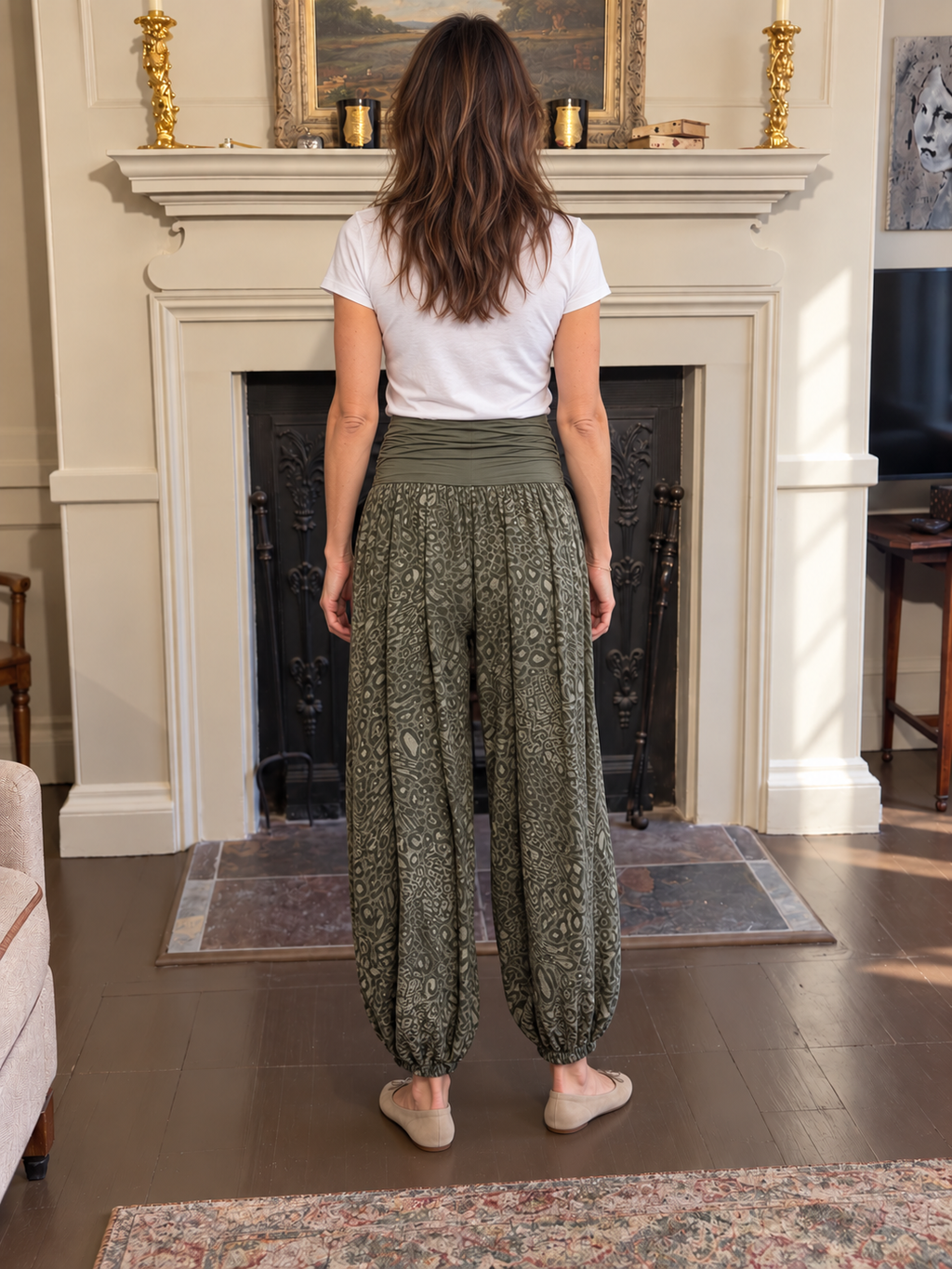 New in. Green jacquard harem trousers balloon-leg trousers uk 8-16