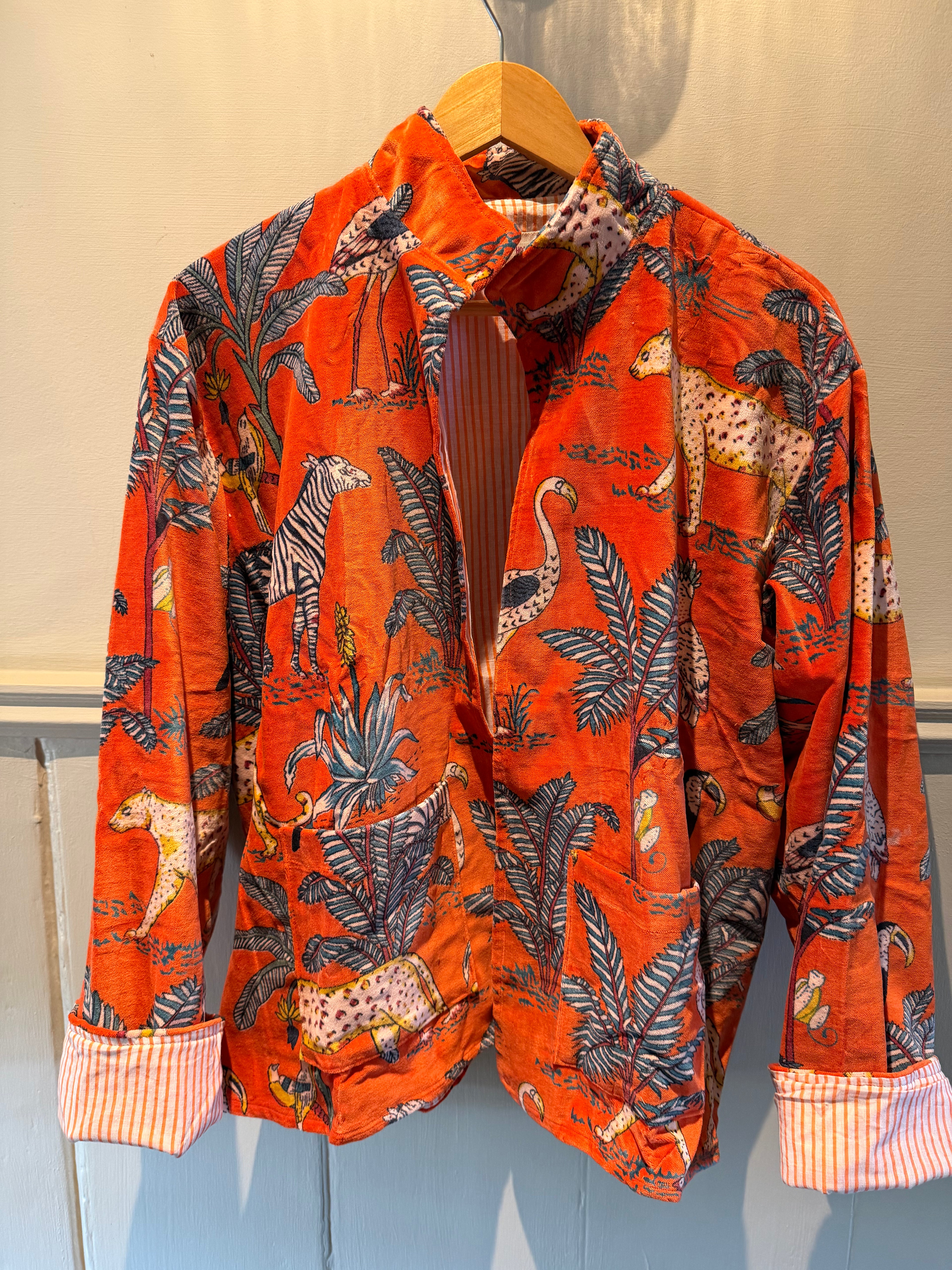 Beautiful Handmade block print Velvet Jacket with cotton lining UK 8-14 pockets on front