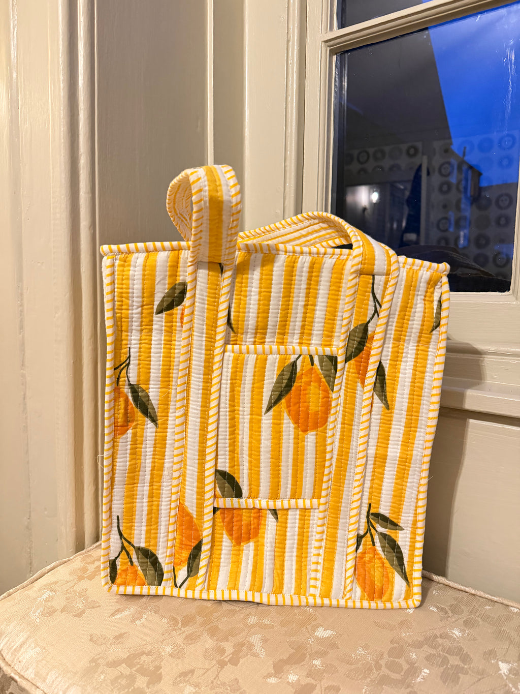 100% Cotton Handmade mini tote bag with zip and phone pocket.