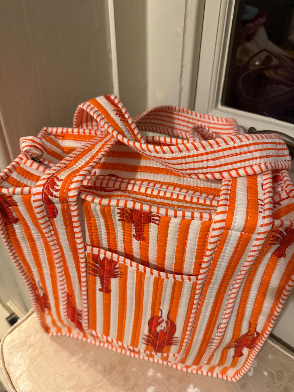 100% Cotton Handmade mini tote bag with zip and phone pocket.
