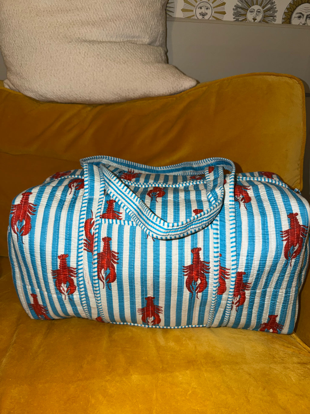 100% Cotton Handmade XL weekend duffle bag hand held with zip closure & side pockets.