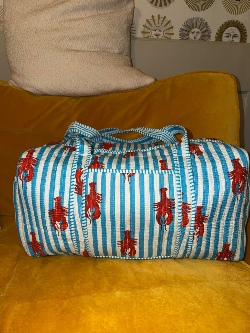 100% Cotton Handmade XL weekend duffle bag hand held with zip closure & side pockets.