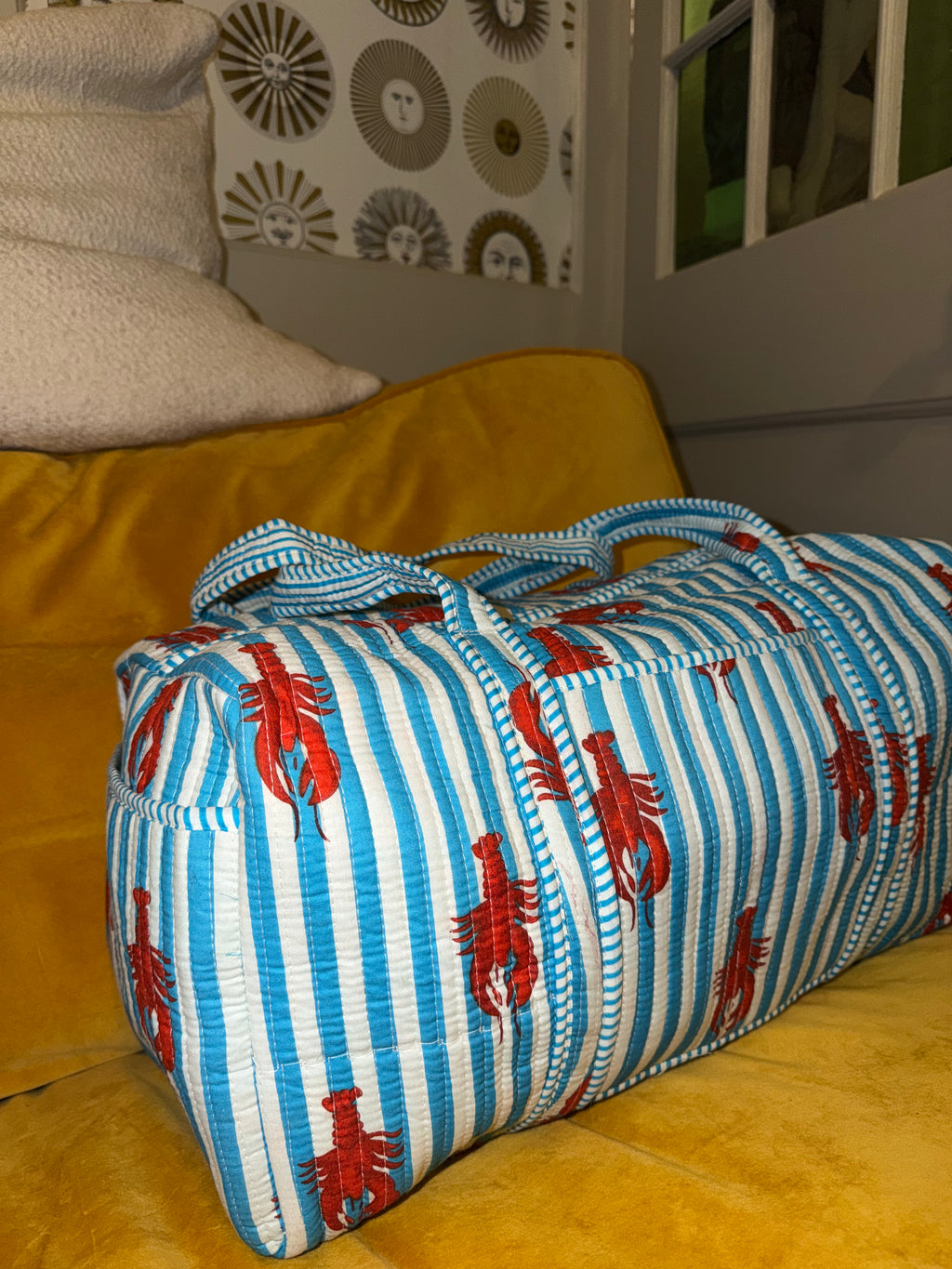 100% Cotton Handmade XL weekend duffle bag hand held with zip closure & side pockets.