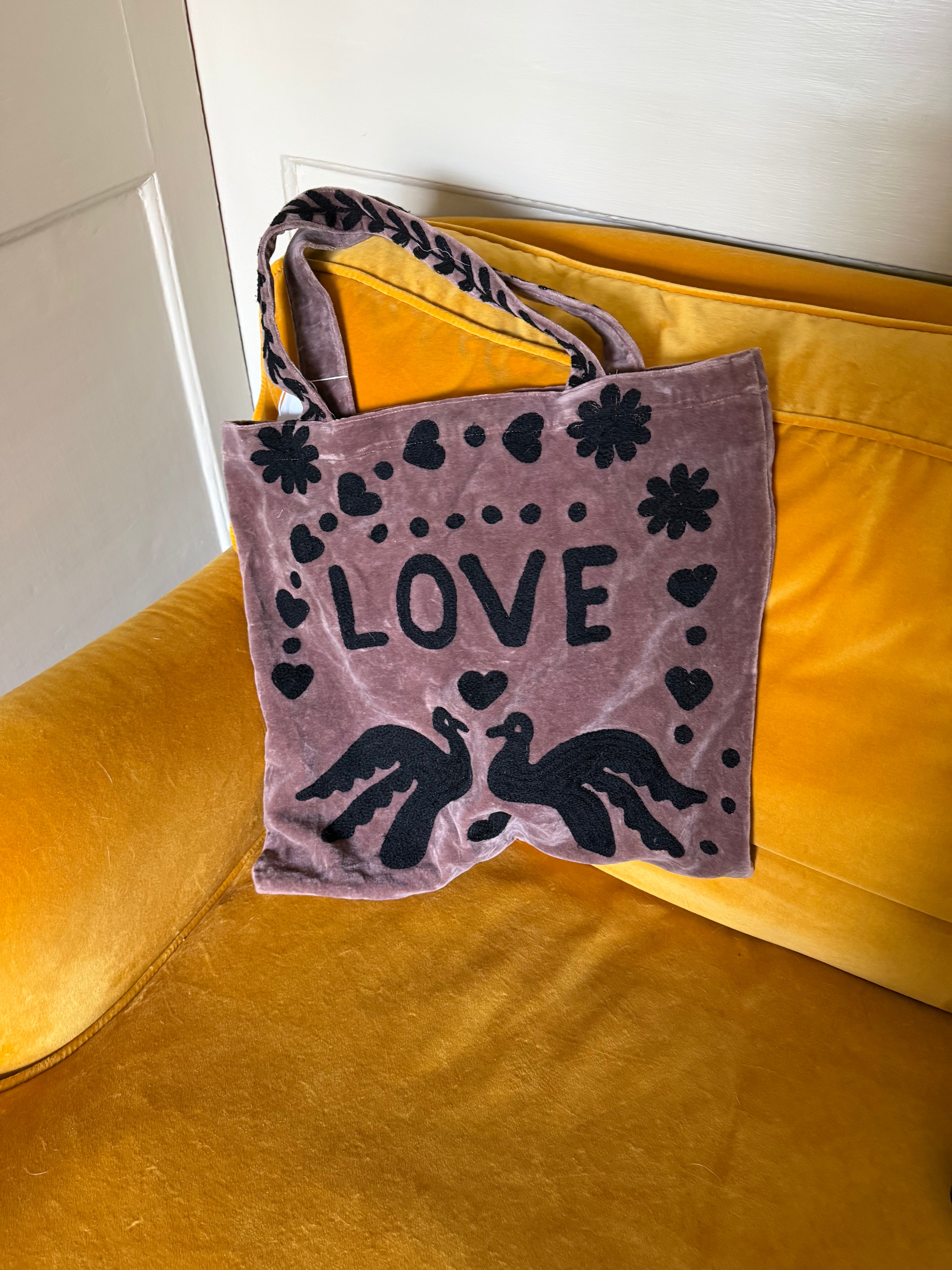 Handmade soft velvet tote bag in emerald green